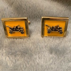 Vintage Swank Antique Car Gold Square Yellow Enamel Cufflinks Signed